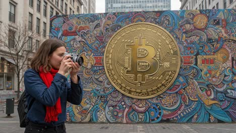 a young woman with a camera captures a vibrant mural featuring the bitcoin symbol, showcasing urban art and cryptocurrency culture in a bustling city environment