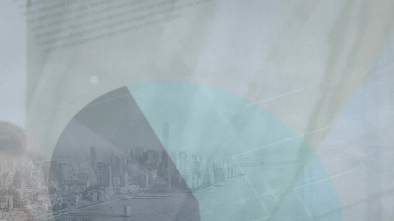 Animation of statistical data processing against aerial view of cityscape