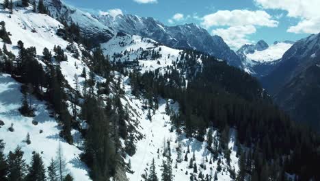 amplio panorama montañoso épico por encima del pintoresco schachen cerca de baviera austria castillo elmau y picos nevados de glaciares en los alpes en un día nublado y soleado a lo largo de árboles, rocas, bosques y colinas en la naturaleza