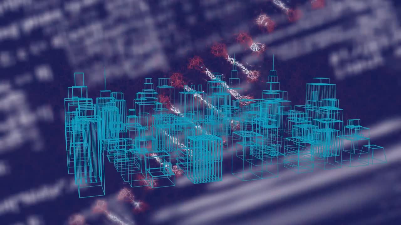 animación del procesamiento de datos de cadenas de adn y edificios abstractos de la red de la ciudad sobre fondo azul