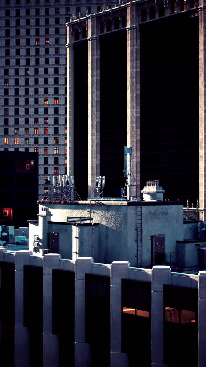 City skyline at twilight with modern architecture and contrasting shadows
