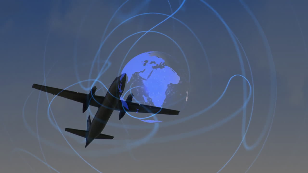 Flying airplane with digital globe animation and network lines in background