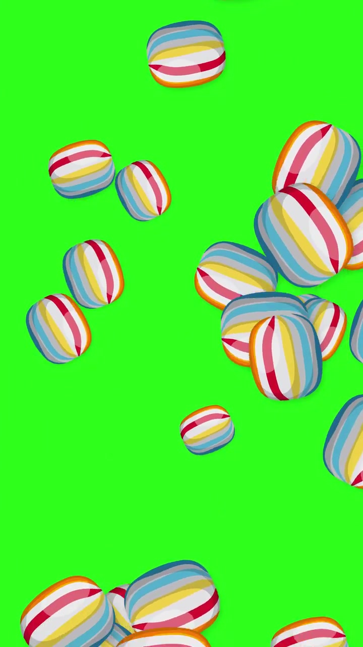Vibrant striped hard candies fall and bounce against a bright green screen background.