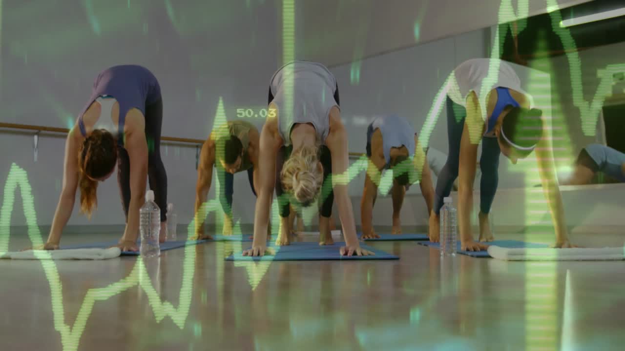 fitness group of five planking under data chart tracking metrics and pushing hips into dog pose