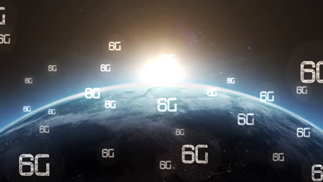 digital animation of multiple 6g text floating against blue spot of light over globe