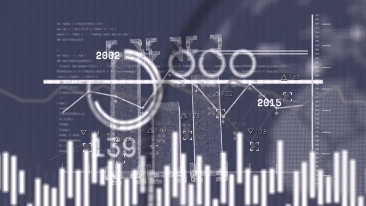 회색 배경에 대한 통계 데이터 처리와 회전하는 지구의 애니메이션