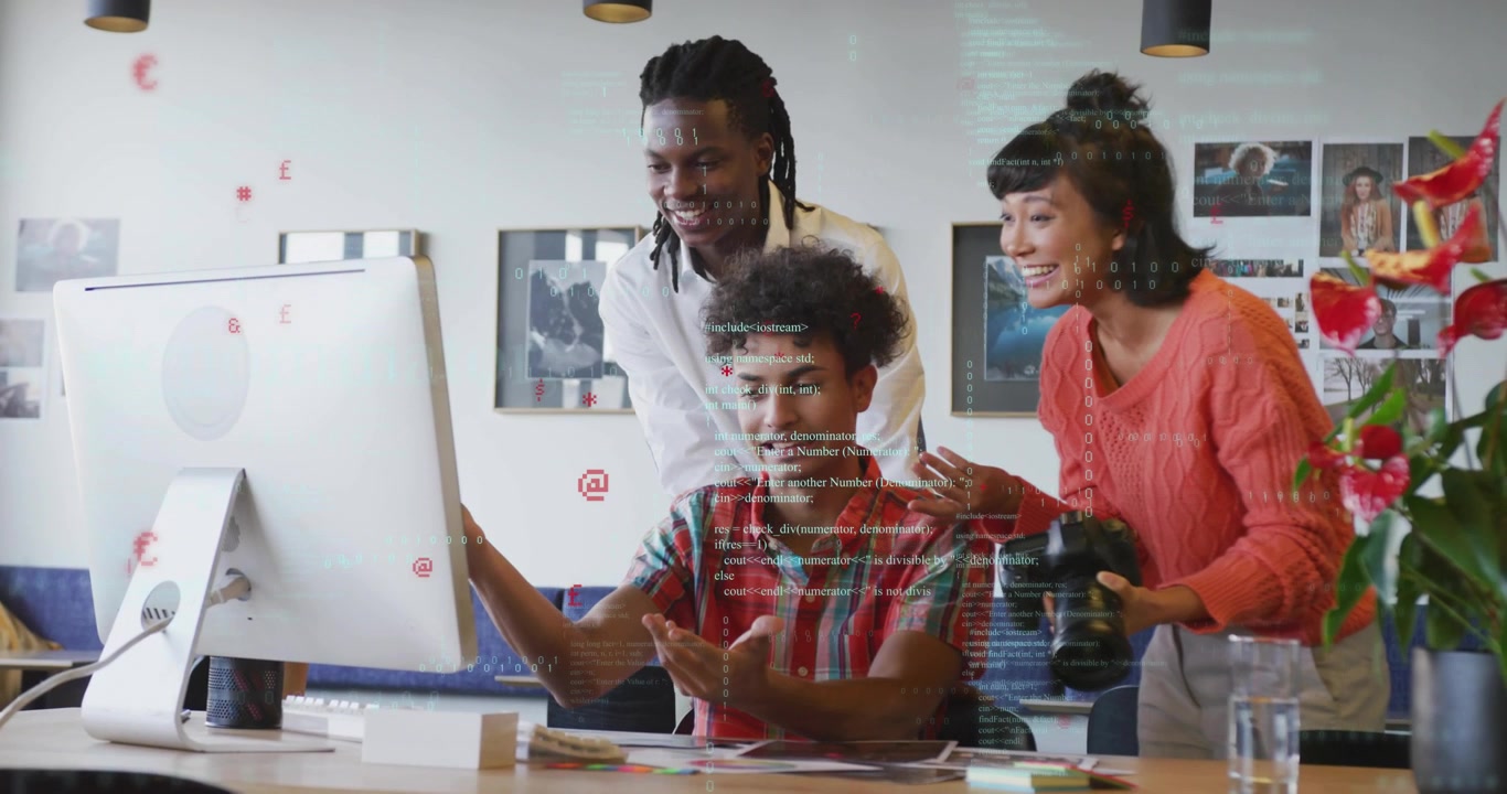 Team of three using mouse pointing at monitor in studio with camera animated code marking edits