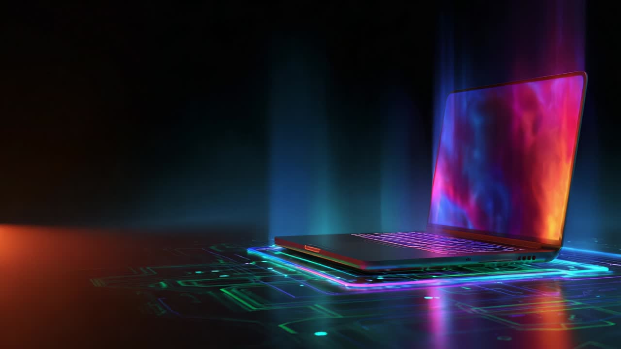 A mesmerizing visual transformation featuring a futuristic laptop displaying dynamic colorful effects, crafted to symbolize advanced technology and innovation in a digital landscape replete with vibrant circuit patterns