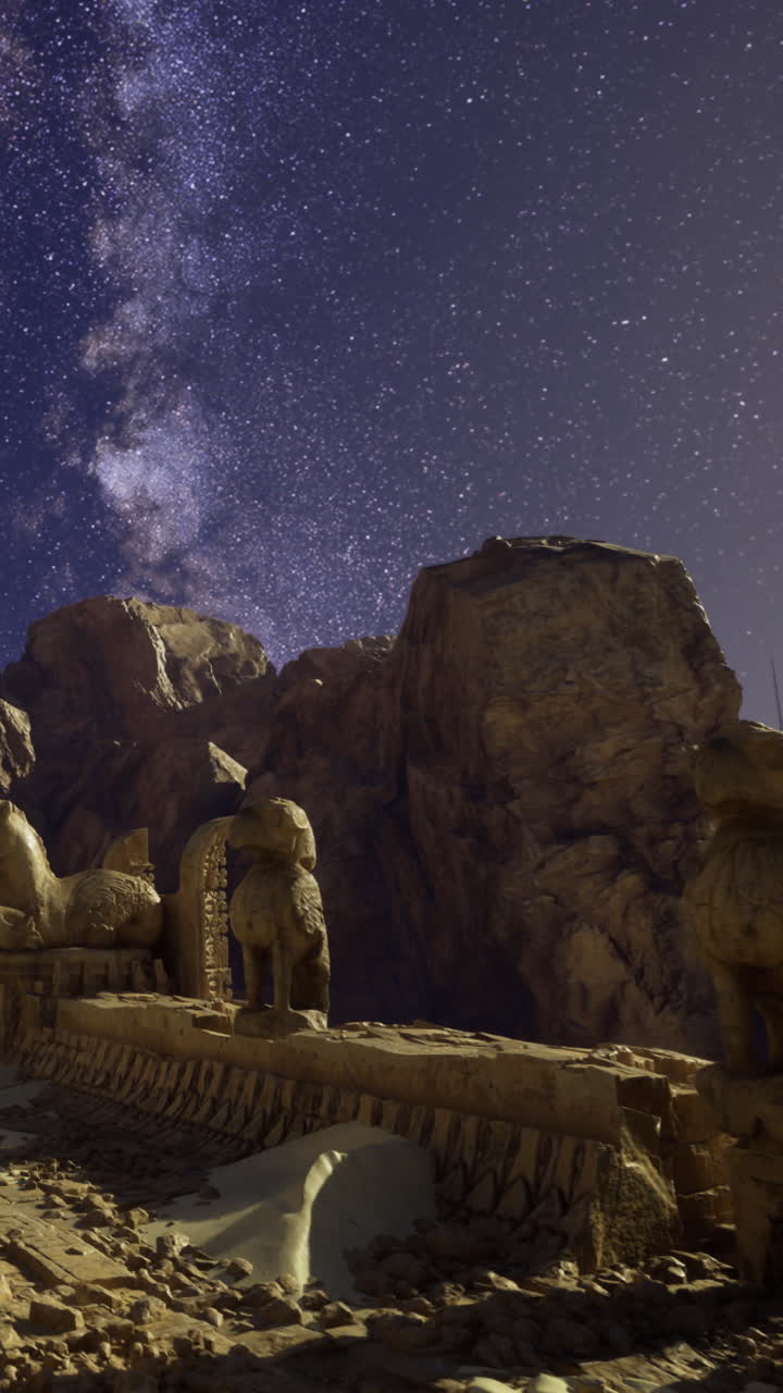 Le stelle brillano su antiche statue in un sito desertico, sotto il cielo notturno.