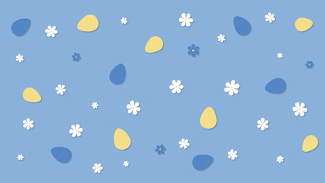 blue and yellow easter eggs with spring flowers on a blue background. simple looping holiday animation.