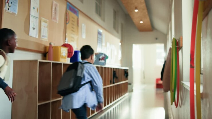 Excited School Children Running in Hallway