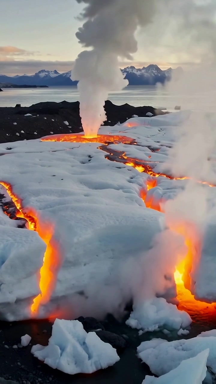 Video verticale: Rivelando lava fusa che scorre sotto un manto di neve dopo un'eruzione, emettendo vapore.