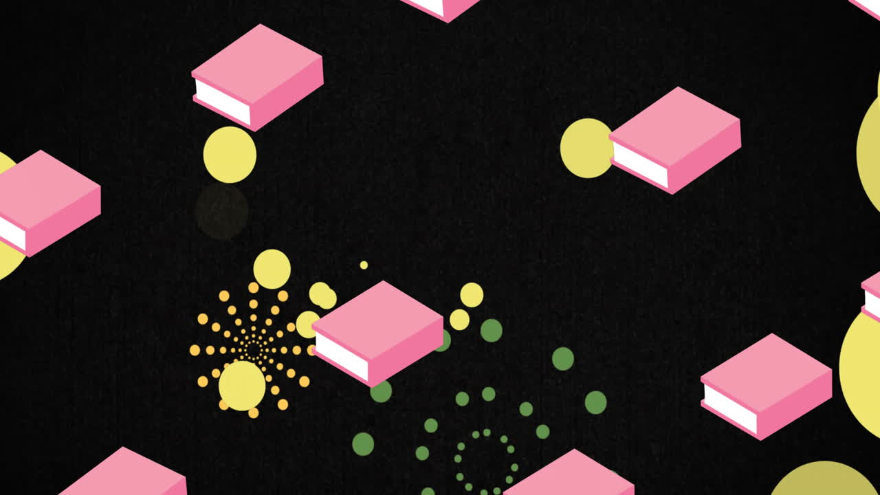 Animation of glowing spots over pink books on black background