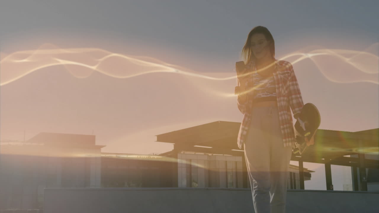 woman checking smartphone on rooftop at golden hour, featuring tech graphs and floating data icons
