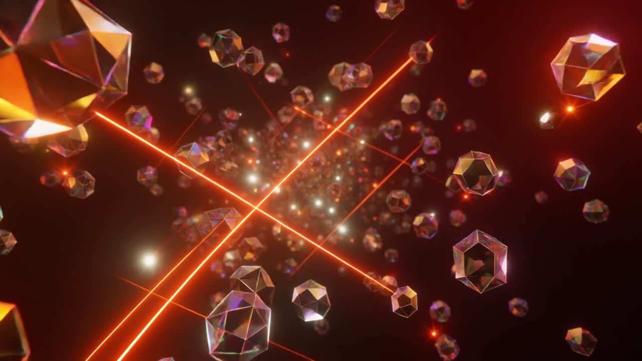 Abstract Geometric Shapes Floating with Glowing Lasers and Particles