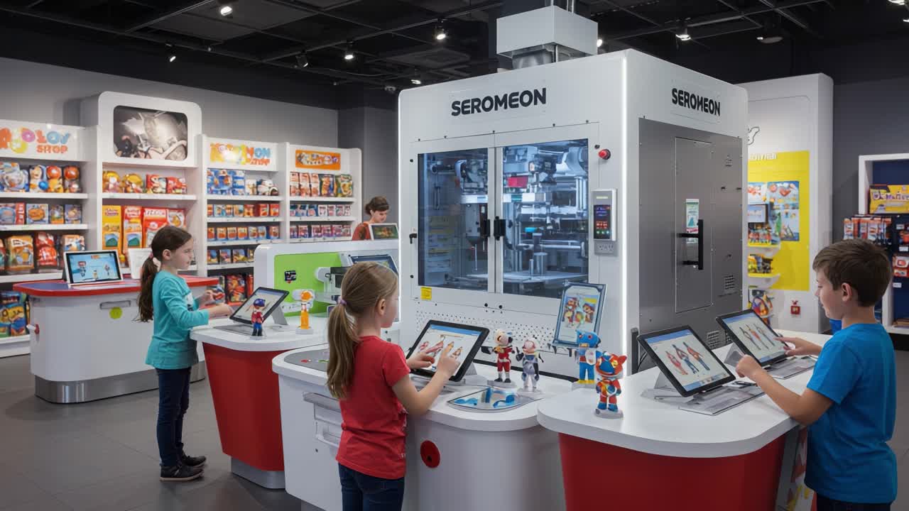 Children Engaged with Interactive Digital Creation at a Modern Kiosk, Exploring Technology and Play in a Vibrant Retail Environment