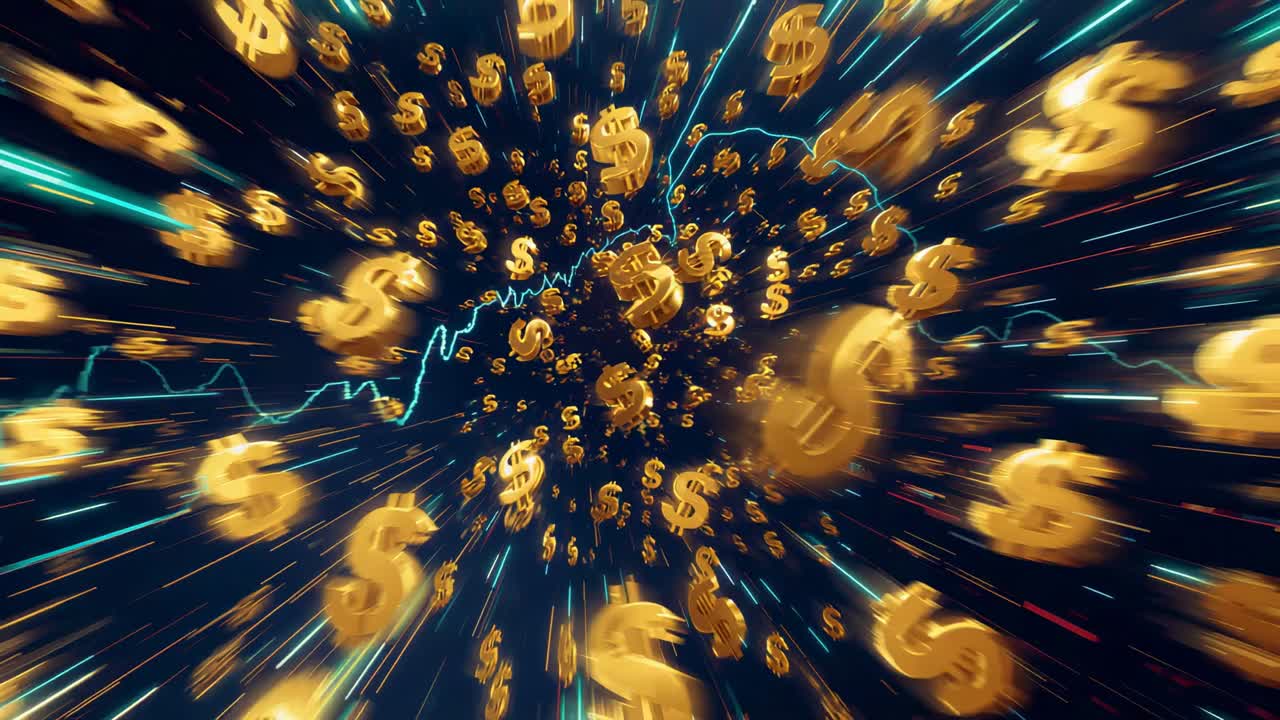 Camera zooming into space, gold dollar symbols spiraling inward with cyan line, streaks for finance