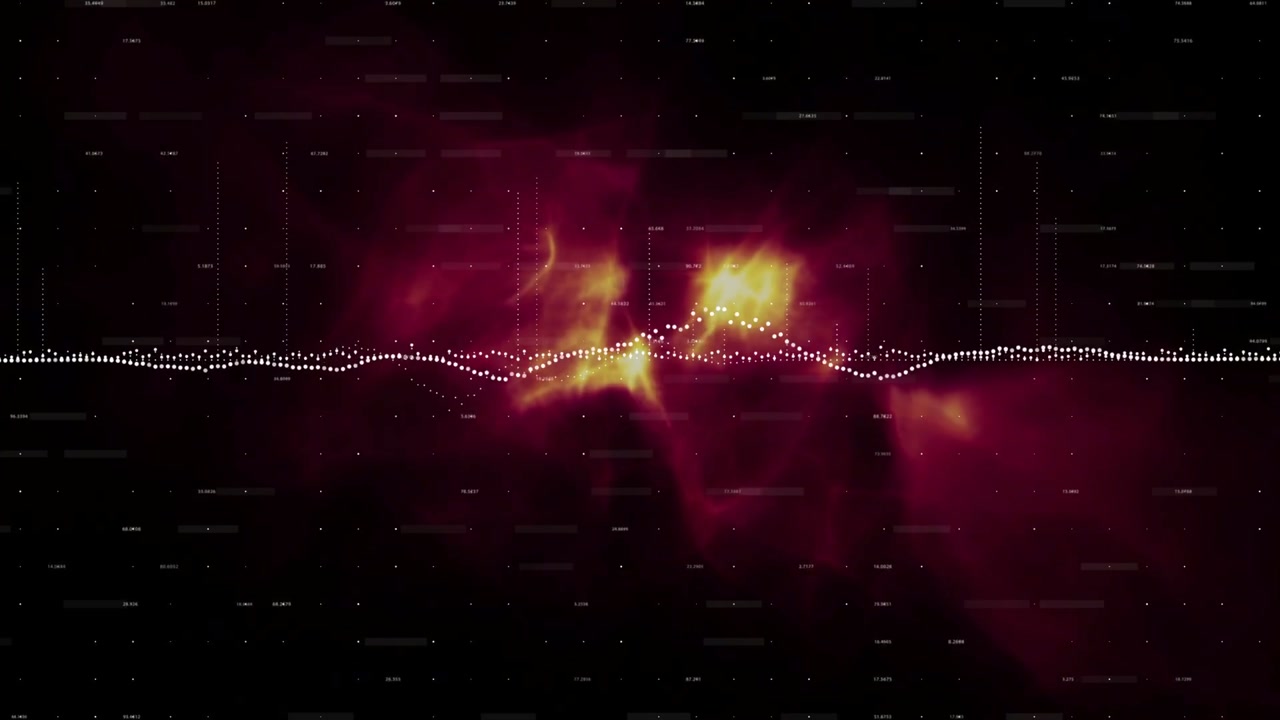 Reacting to signal, white dotted waveform forming peaks over dark starfield with nebula flares