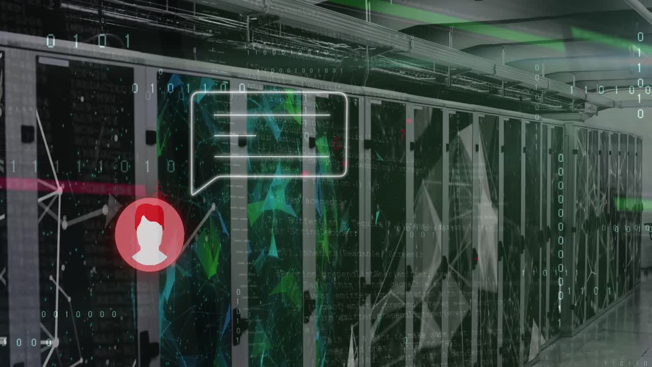 Animation von Nachrichtensymbolen und Datenverarbeitung über Computerservern