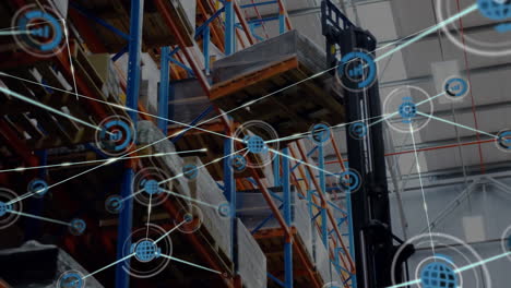 Animation-of-connected-icons-over-operator-using-forklift-to-place-boxes-on-shelf-in-warehouse