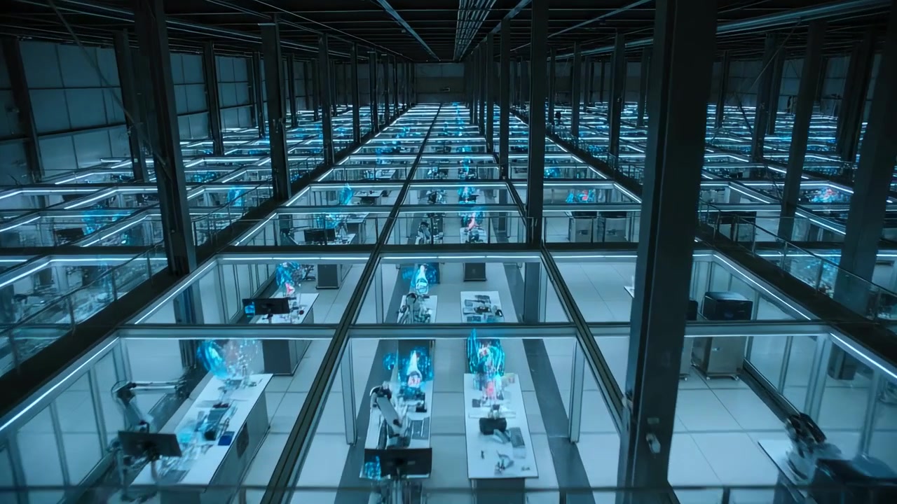 Tracking camera moving forward over cubicle grid, revealing blue holograms and staff in work attire