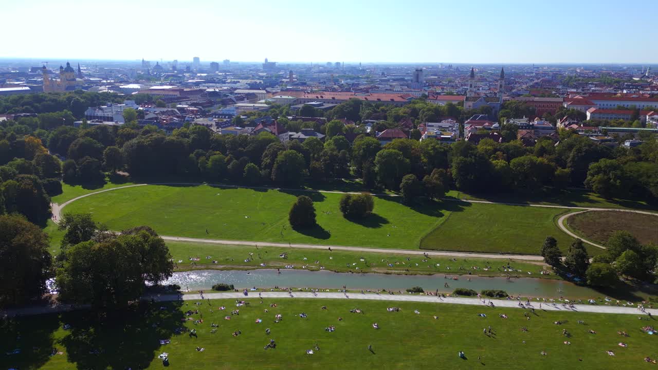 Amazing aerial top view flight schwabinger Bach
English Garden Munich Germany Bavarian, summer sunny blue sky day 23