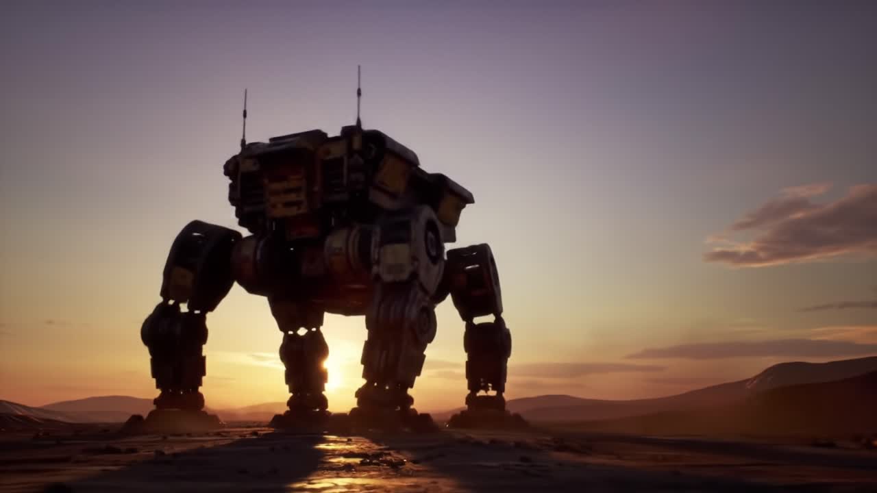 A Powerful Robotic Sentinel Stands Guard Against a Stunning Sunset Backdrop, Showcasing Advanced Technology and Futuristic Design in a Distant Desert Landscape
