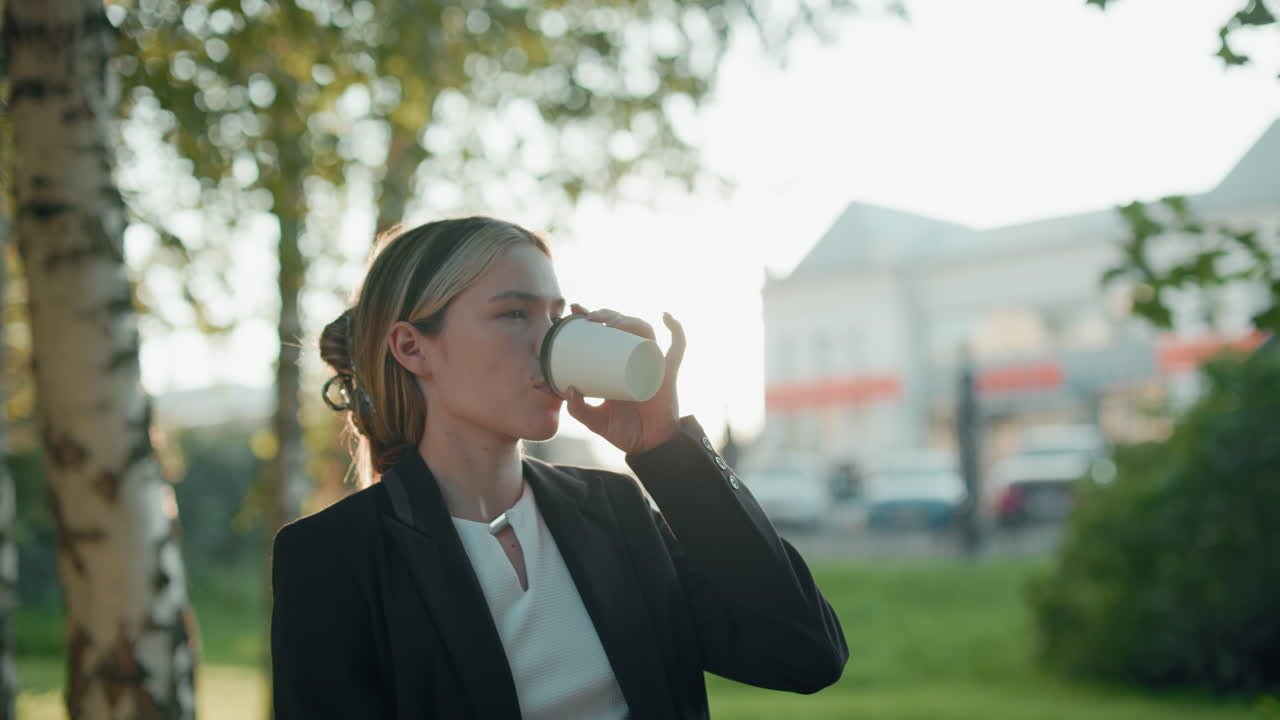 Young woman drinks coffee as sunlight silhouettes her hand, creating soft glow around her face, outdoor park setting with trees, blurred urban background featuring building and parked cars