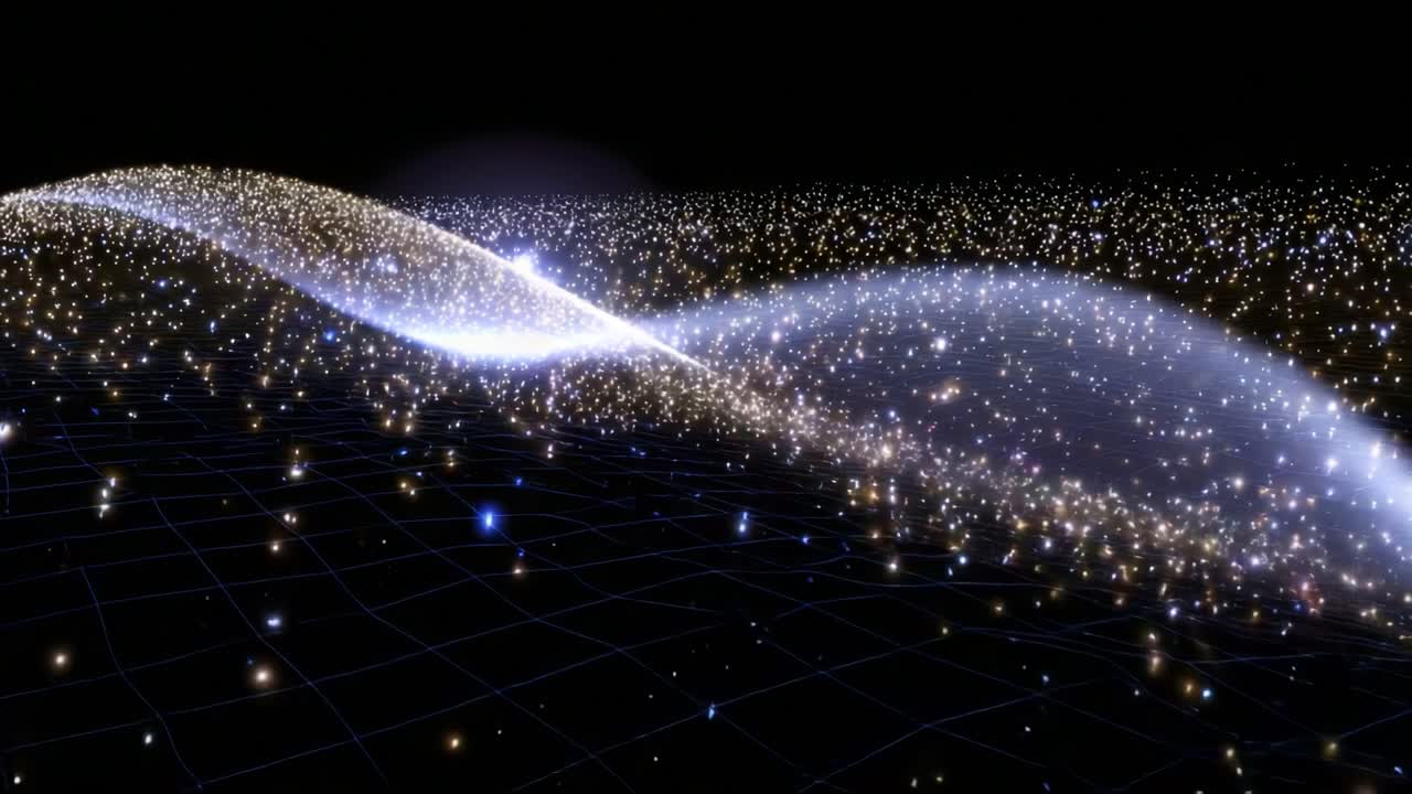 A Stunning Representation of Cosmic Waves: Exploring the Wonders of the Universe through Space-Time Curvature and Star Patterns in a Mesmerizing Cosmic Landscape Filled with Shimmering Lights