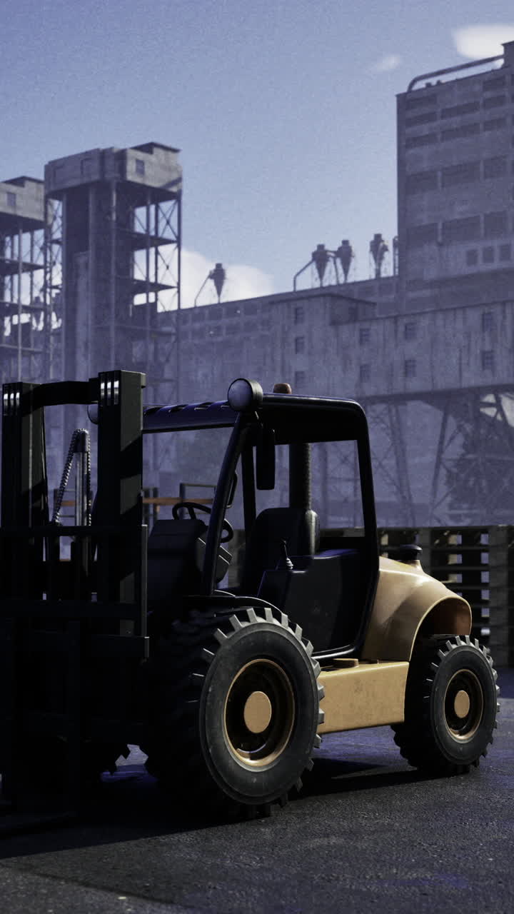 Heavy machinery operates in an industrial landscape during twilight hours