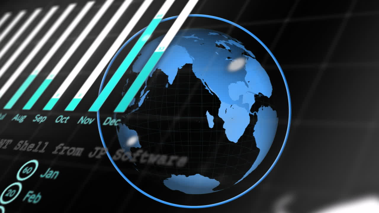 Animation of globe in circle, graph, globe and computer language over black background