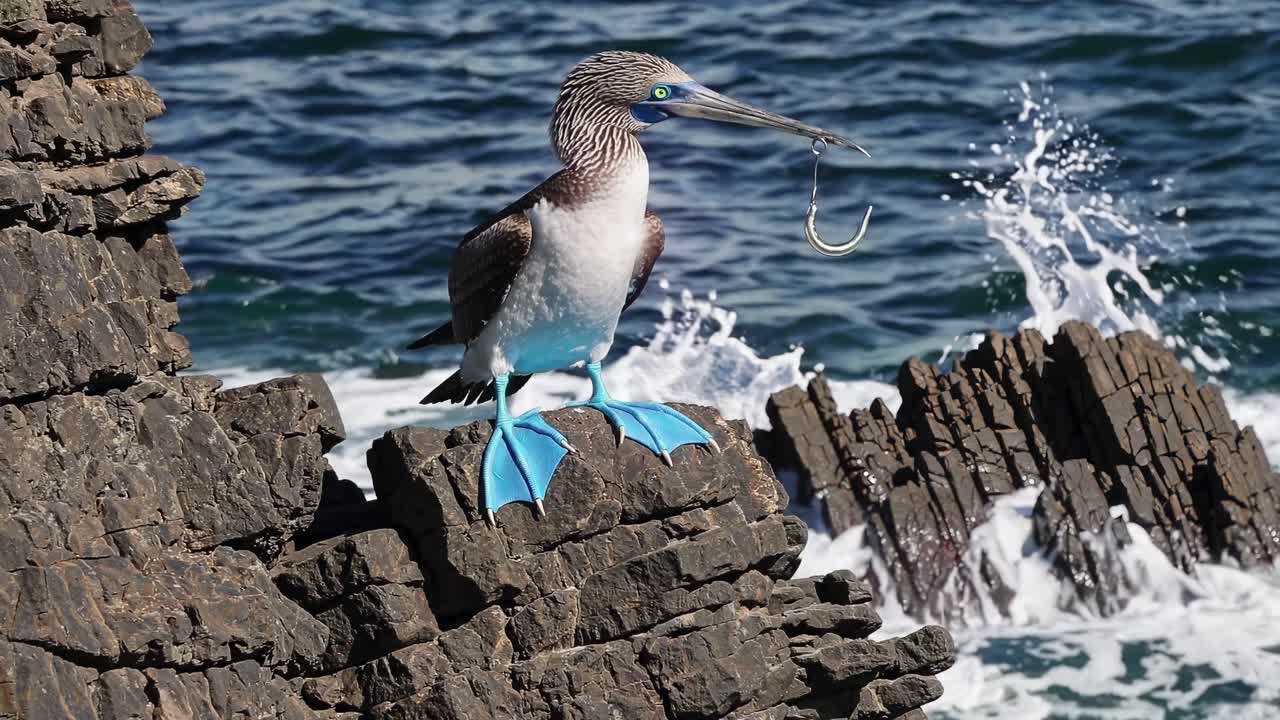 Blue-Footed Booby with Fishing Hook