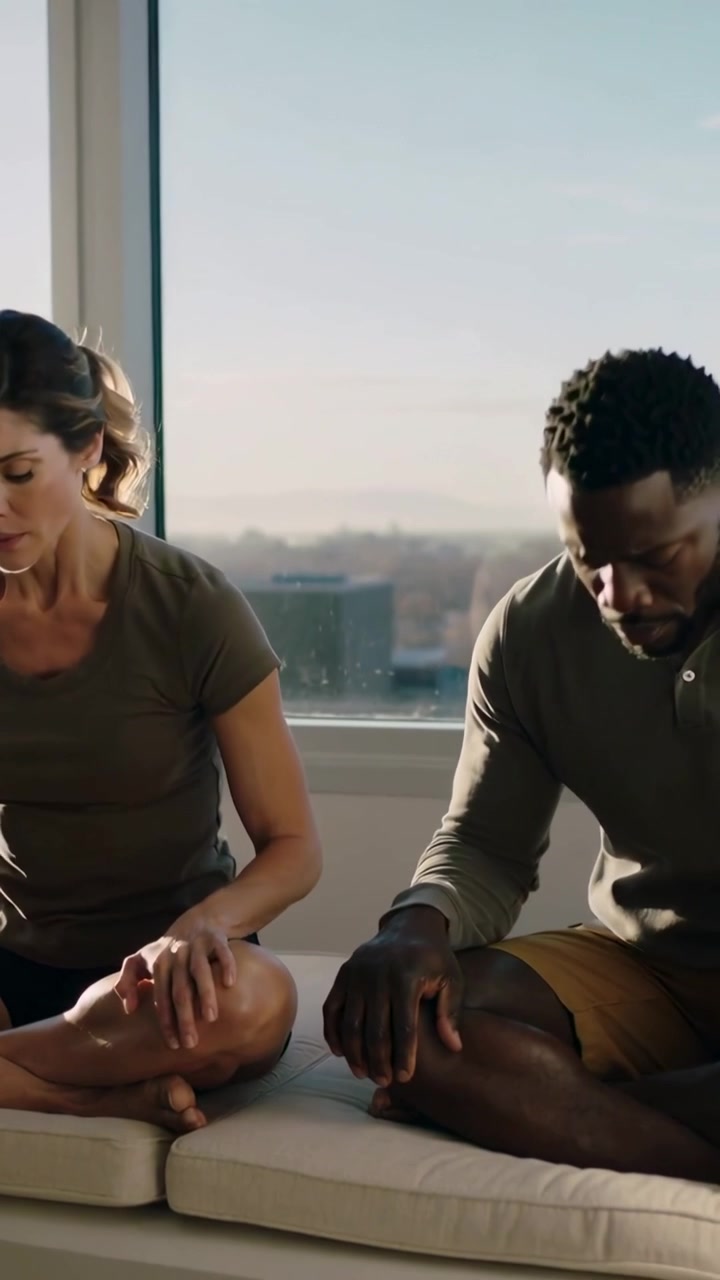 Vertical video: Breathing pair in green tops folding down on pads for meditation by window skyline