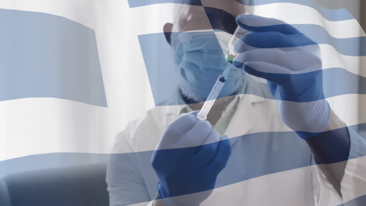 백신 접종을 준비하는 마스크를 쓴 장갑을 쓴 의사와 함께 그리스 국기의 애니메이션