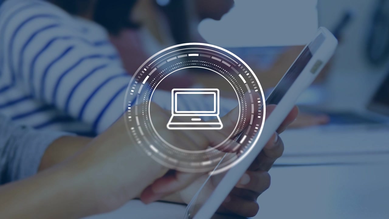 Student hands tapping tablet and swiping screen, initiating animated HUD rings in education lab