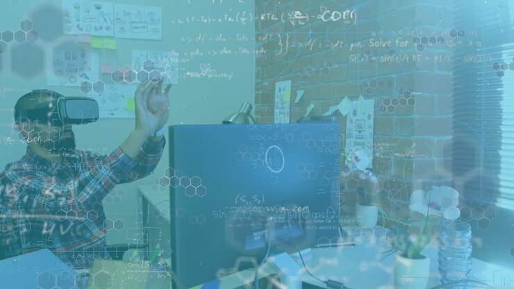 Animation of mathematical formulas over businessman using vr headset