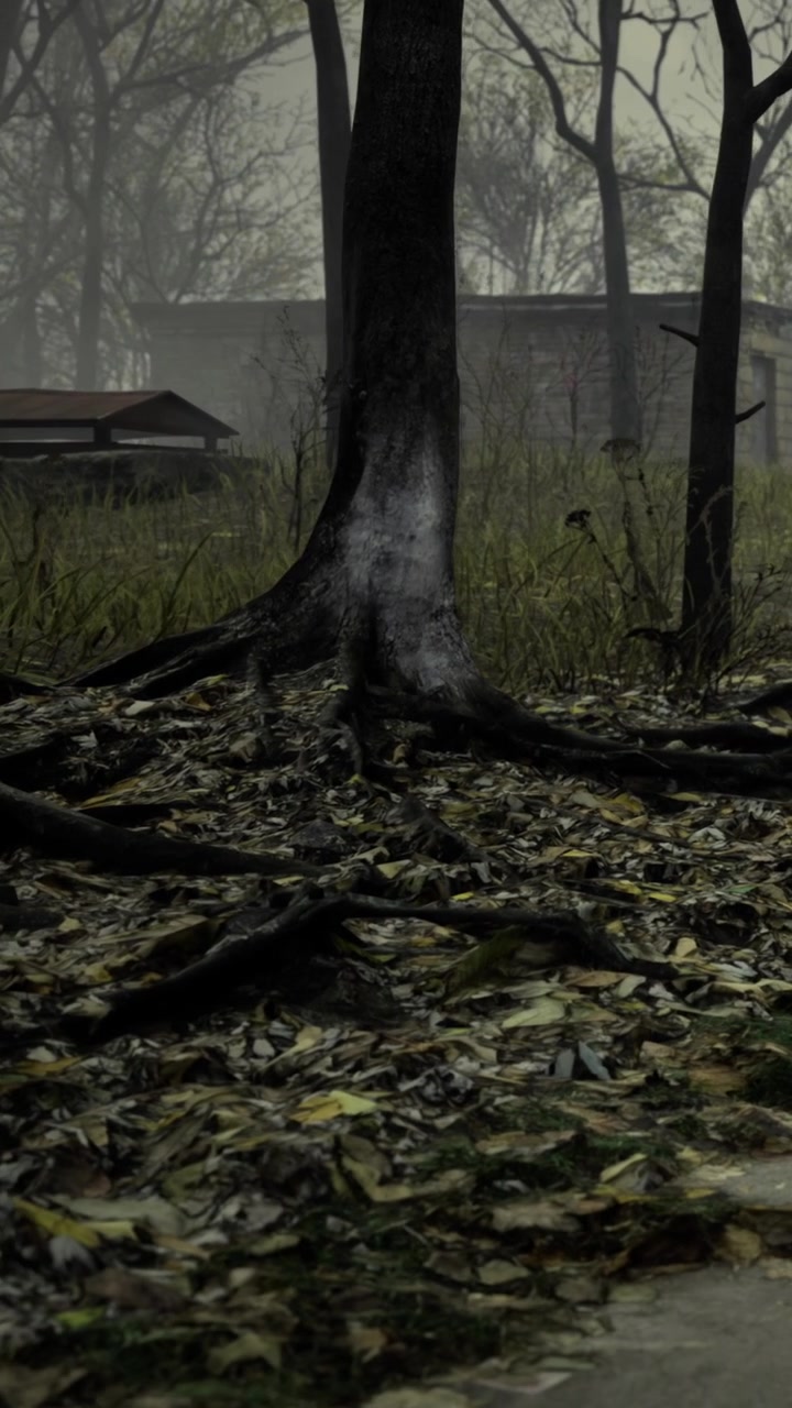 Alberi e terreno coperti di foglie in una zona boschiva con tempo nebbioso.