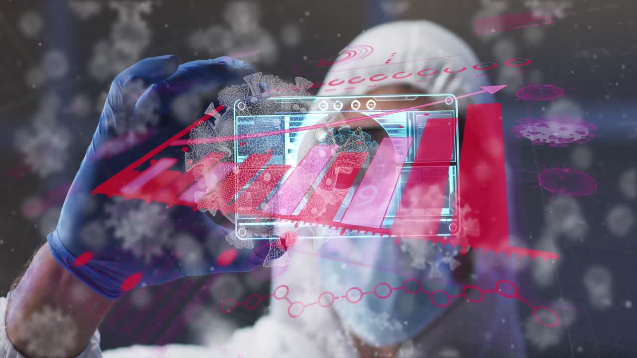 animación de células covid sobre la pantalla de retención del médico masculino con procesamiento de datos médicos