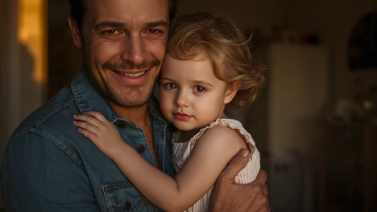 Padre sorridente che tiene in braccio un bambino in casa, la fotocamera si stringe, luce dorata per un abbraccio affettuoso, vestito a righe