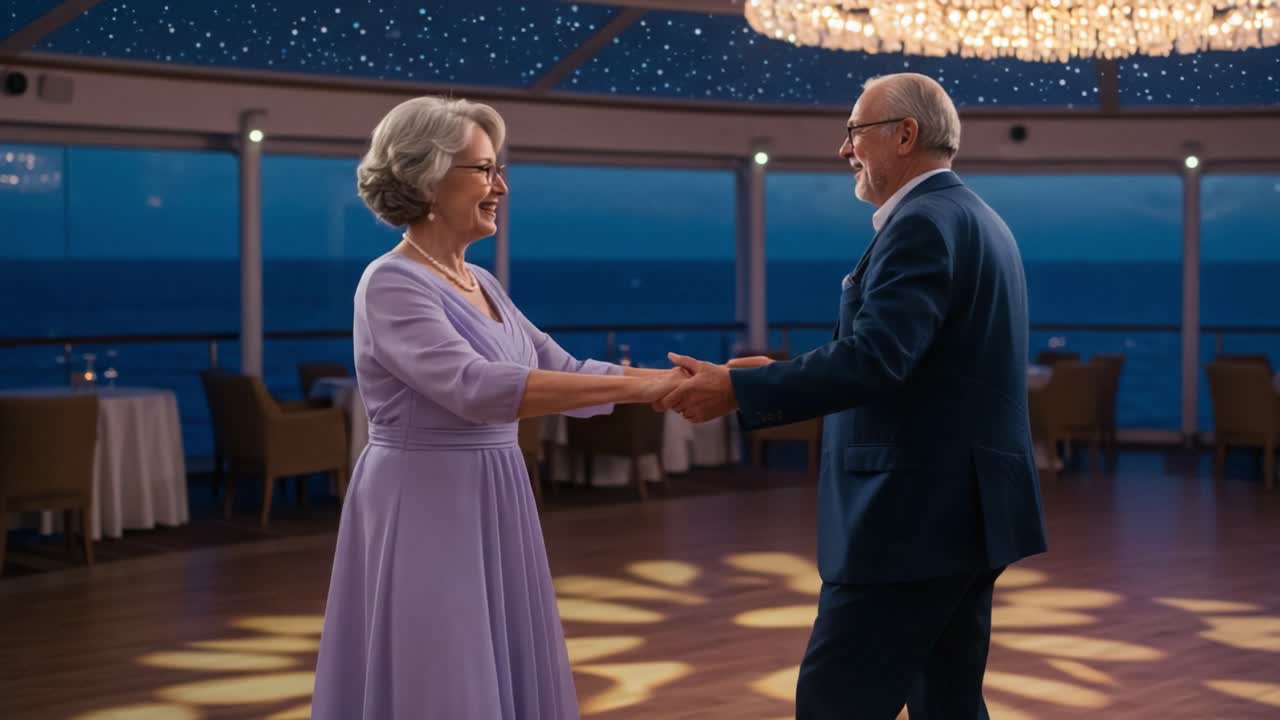 An Enchanting Evening: A Couple Swirls Gracefully on the Dance Floor Beneath a Starlit Ceiling, Celebrating Love and Togetherness in a Stunning Setting