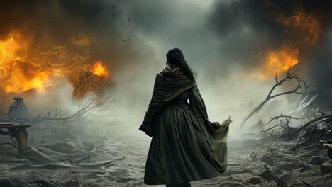 woman walking through a fiery landscape at dusk