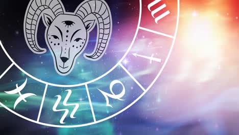 Animation-of-capricorn-star-sign-symbol-in-spinning-horoscope-wheel-over-glowing-stars