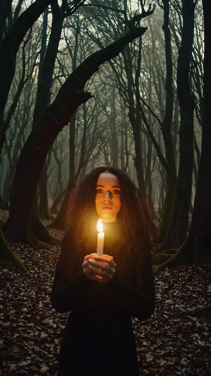 Woman holding a lit candle in a dark, mysterious forest