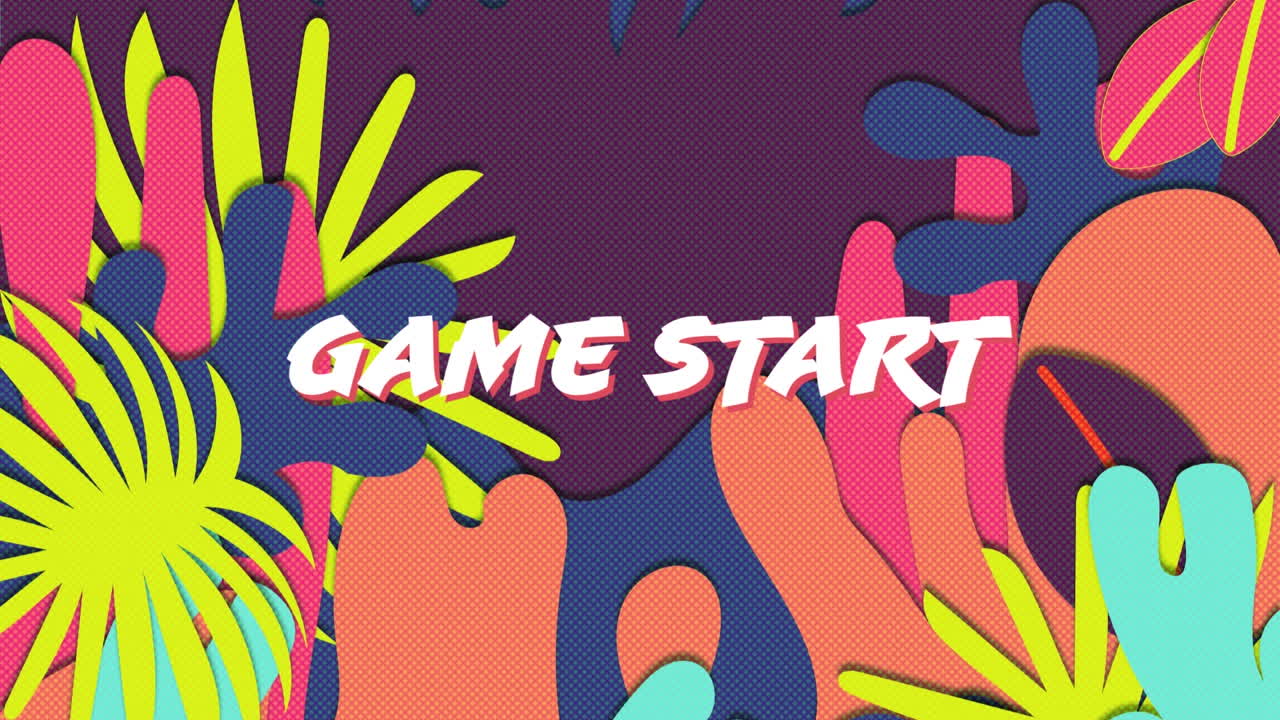 Animazione del testo "Game Start" su interfaccia digitale colorata con motivi astratti di videogioco