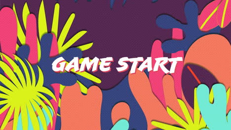 animación del texto de inicio del juego contra la interfaz digital de patrón abstracto colorido del videojuego