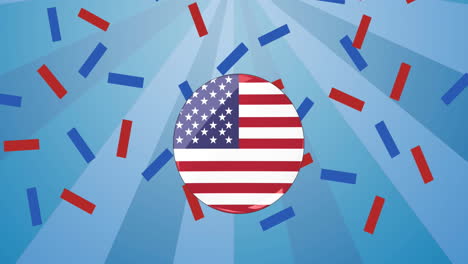 animation of american flag in circle with red, white and blue confetti, on blue stripes
