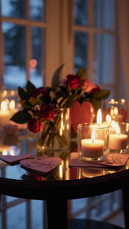 candlelit table adorned with roses, heart shaped decor, and romantic ambiance by a window during twilight. perfect for valentine's or cozy retreat themes