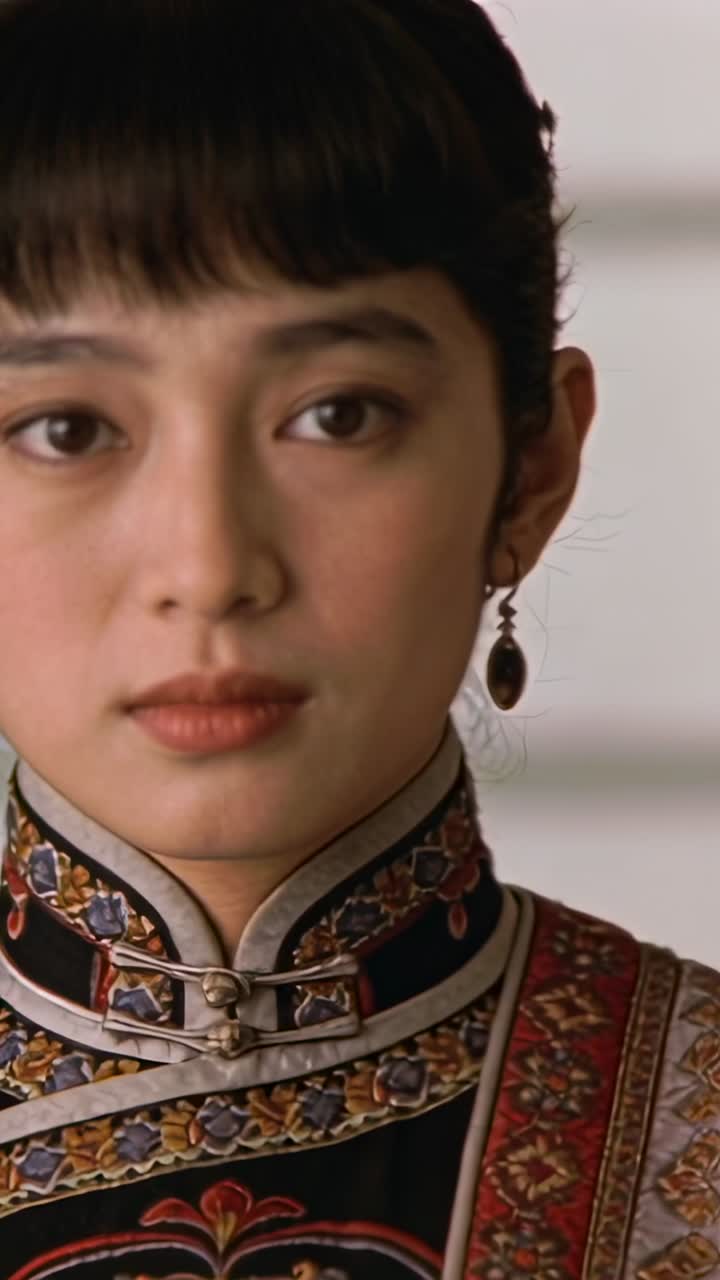 Video verticale: La scena inizia con una donna che sposta lo sguardo, ascolta e batte le palpebre in primo piano, con qipao e orecchino.