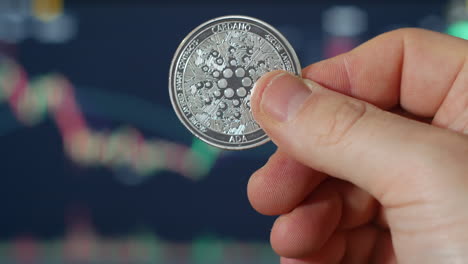 un ritratto di una moneta d'argento cardano ada tenuta in mano con grafici commerciali sullo sfondo