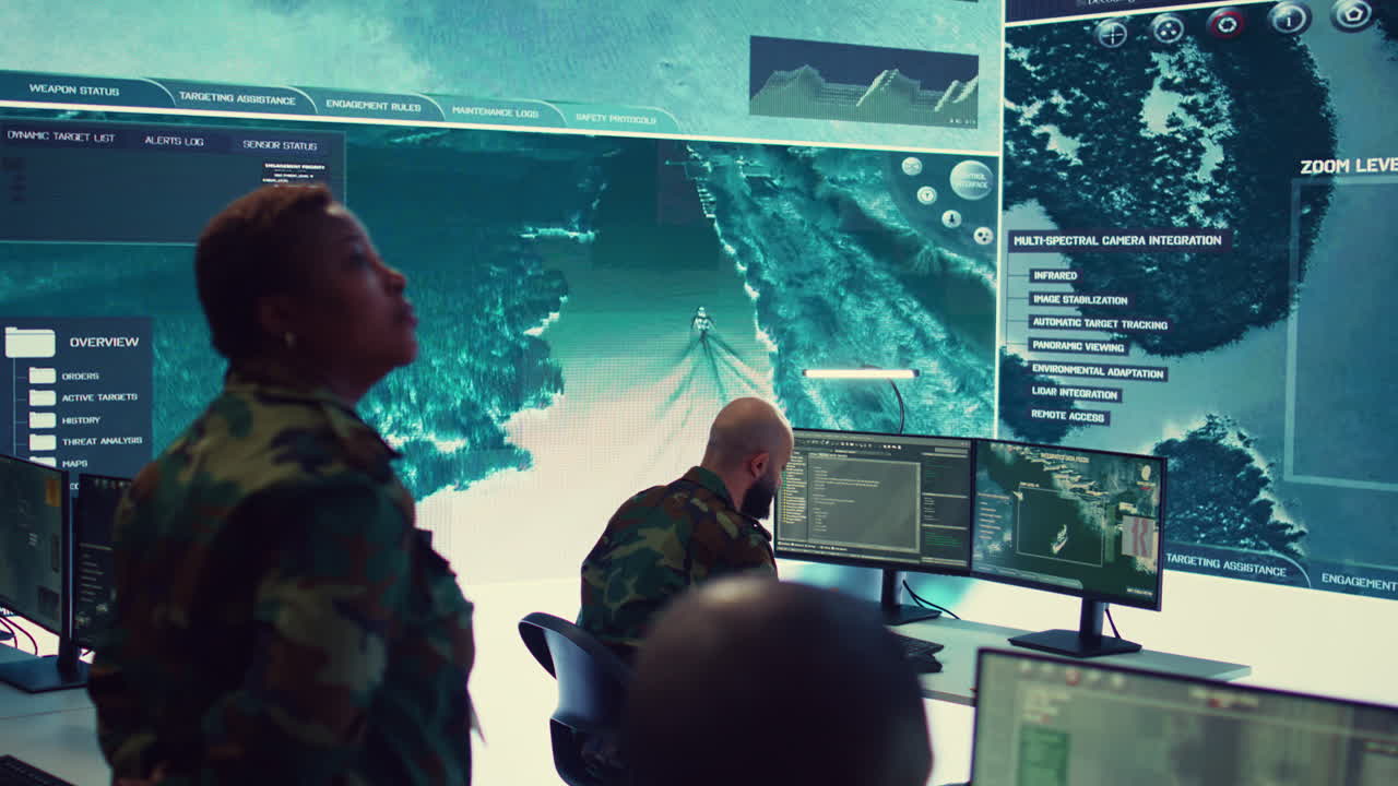 여성 육군 장교는 특별 작전 임무를 지휘 포스트에서 조정합니다.